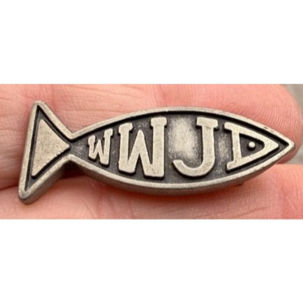 WWJD Christian Ichthys Fish Pin – Religious Metal Brooch – 1 3/8"